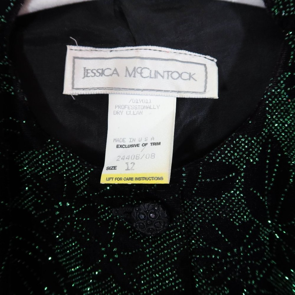 Vintage JESSICA MCCLINTOCK Size 12 Black Green Velvet Sparkle Puff Sleeve Jacket - Picture 6 of 7